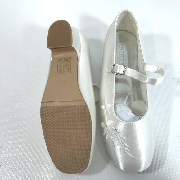 Girls Satin Shoes White 1.5 Communion Bridal Shoes Floral Rhinestone Ankle Strap - Picture 10 of 13